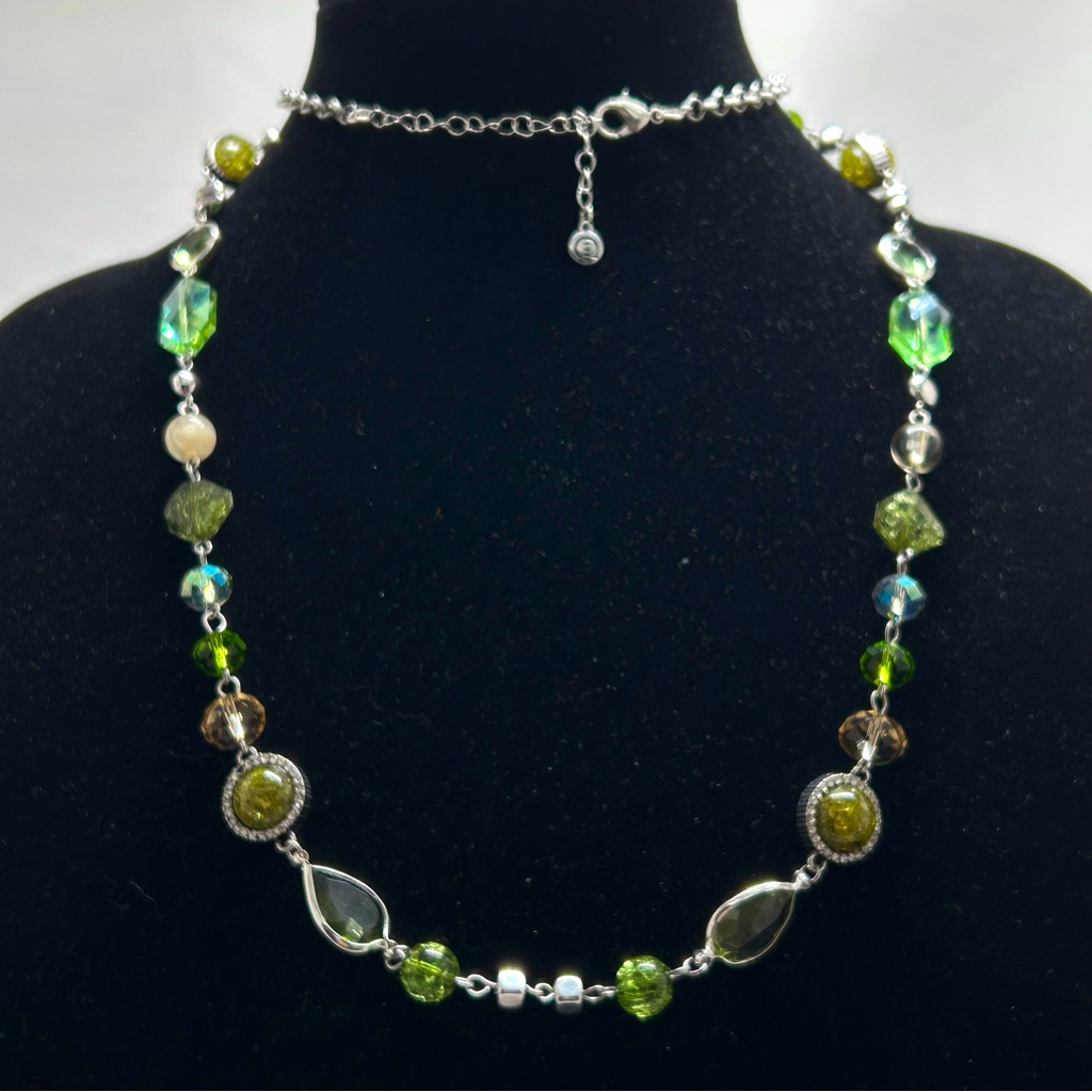 C 1946, Long Silver Necklace With Green Crystal And Glass Stones